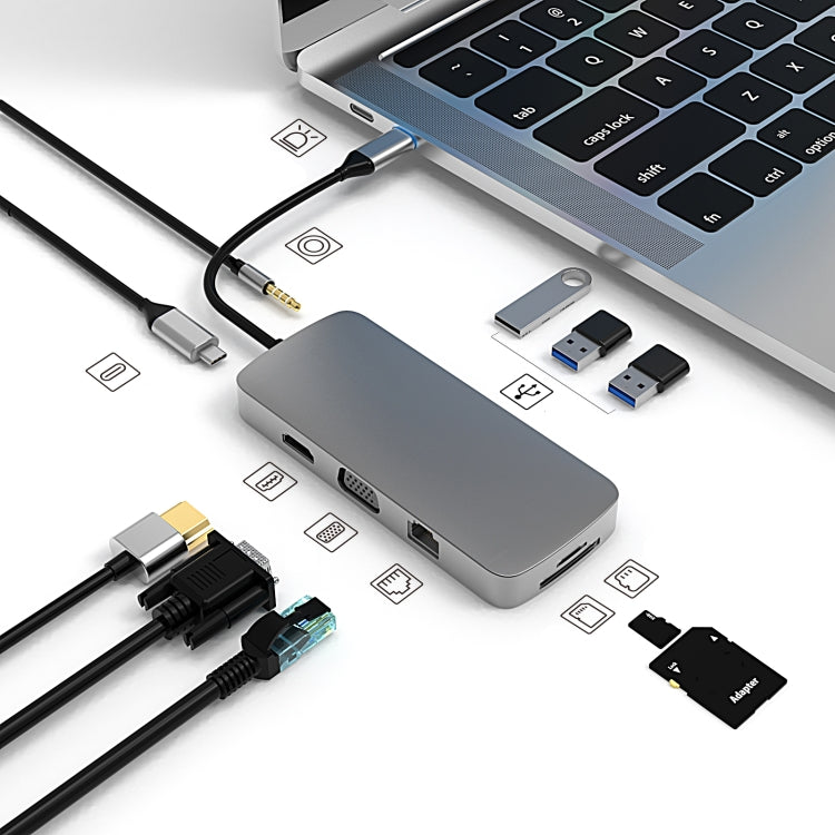 BL10V 10-in-1 USB-C/Type-C to RJ45 + VGA + HDMI + 3.5mm AUX + SD/TF Card Slot + PD USB-C/Type-C + USB 3.0 + 2 USB 2.0 Ports Docking Station HUB, BL10V