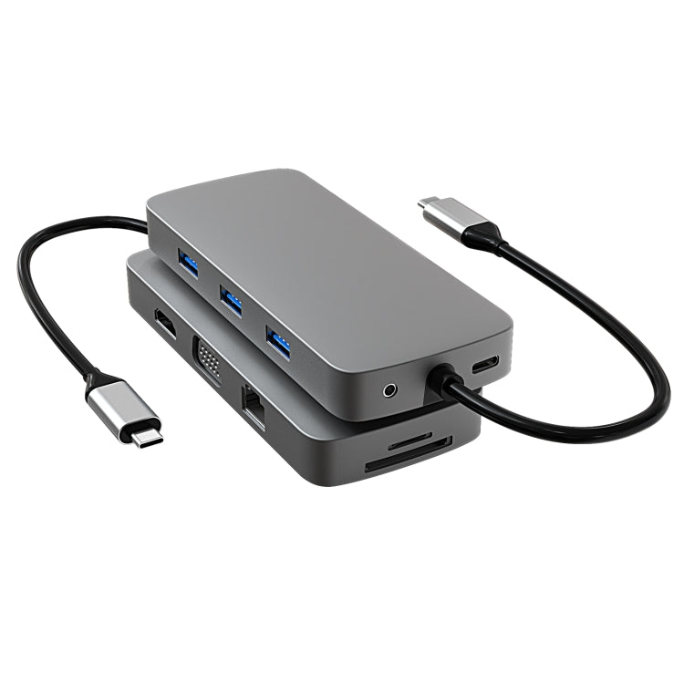 BL10V 10-in-1 USB-C/Type-C to RJ45 + VGA + HDMI + 3.5mm AUX + SD/TF Card Slot + PD USB-C/Type-C + USB 3.0 + 2 USB 2.0 Ports Docking Station HUB, BL10V