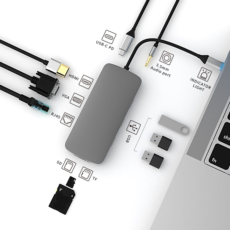 BL10V 10-in-1 USB-C/Type-C to RJ45 + VGA + HDMI + 3.5mm AUX + SD/TF Card Slot + PD USB-C/Type-C + USB 3.0 + 2 USB 2.0 Ports Docking Station HUB, BL10V