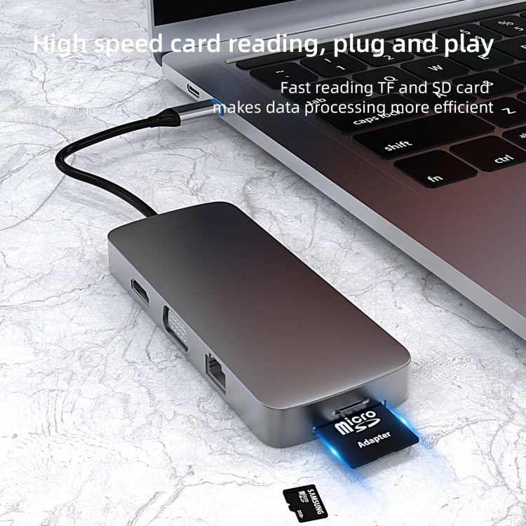BL10V 10-in-1 USB-C/Type-C to RJ45 + VGA + HDMI + 3.5mm AUX + SD/TF Card Slot + PD USB-C/Type-C + USB 3.0 + 2 USB 2.0 Ports Docking Station HUB, BL10V