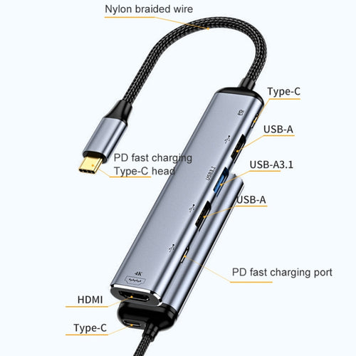 Y004 6-in-1 USB-C/Type-C to HDMI + USB 3.1 + Dual USB 2.0 + Dual USB-C/Type-C Interface Multifunctional Adapter, Y004