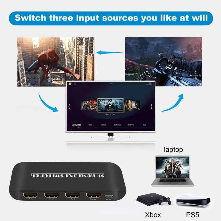 NK-H31 8K 3-in-1 HDMI Output Switcher for Xbox PS4 PS5 Roku UHD TV Monitor Projector, NK-H31