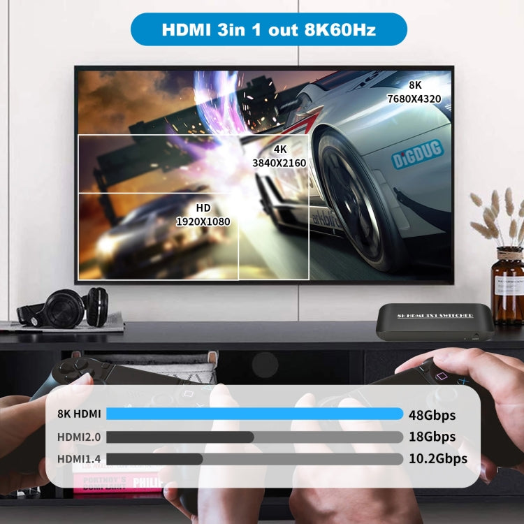 NK-H31 8K 3-in-1 HDMI Output Switcher for Xbox PS4 PS5 Roku UHD TV Monitor Projector, NK-H31