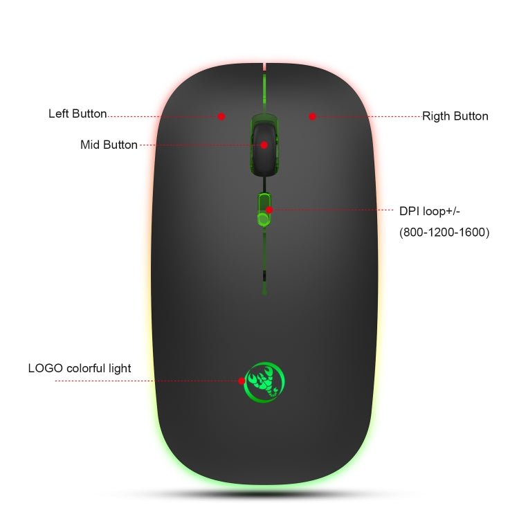 HXSJ T18 2.4GHZ 1600dpi Dual Mode Luminous USB + Bluetooth 5.1 Rechargeable Wireless Mouse