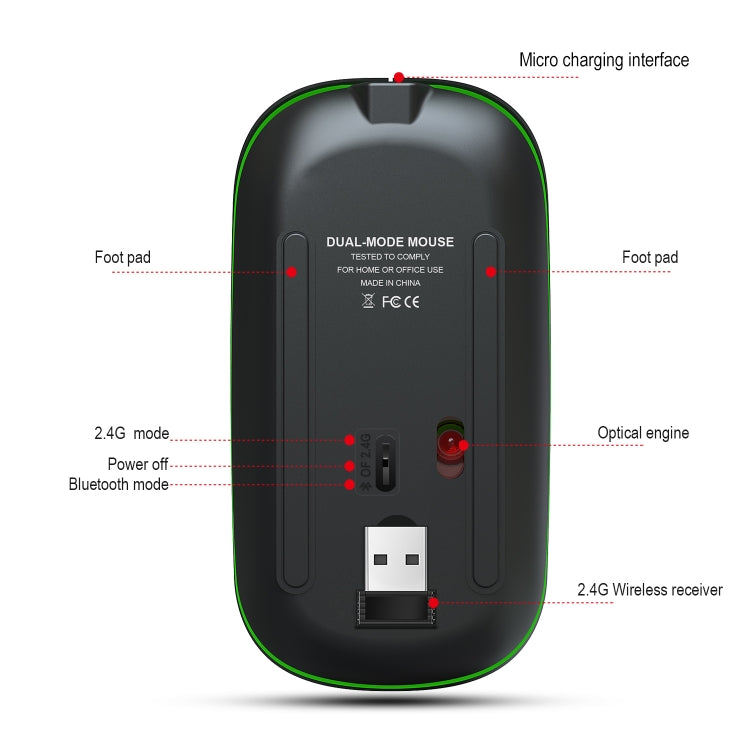 HXSJ T18 2.4GHZ 1600dpi Dual Mode Luminous USB + Bluetooth 5.1 Rechargeable Wireless Mouse
