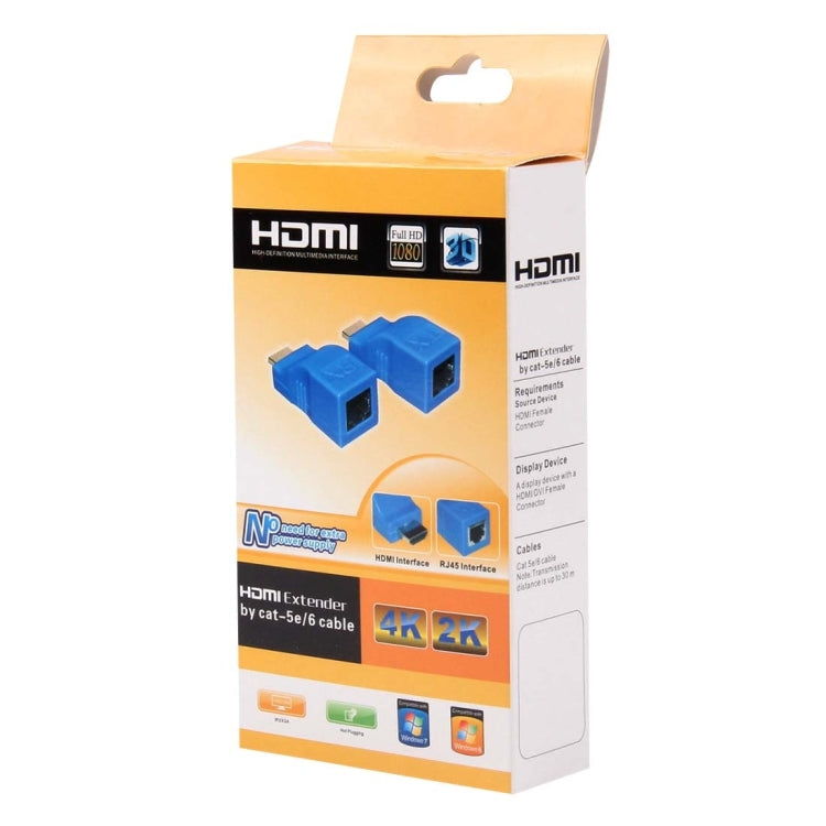 HDMI to RJ45 Extension Adapter (Receiver and Transmitter) via Cat-5e/6 Cable, Transmission Distance: 30m, Single RJ45 Blue