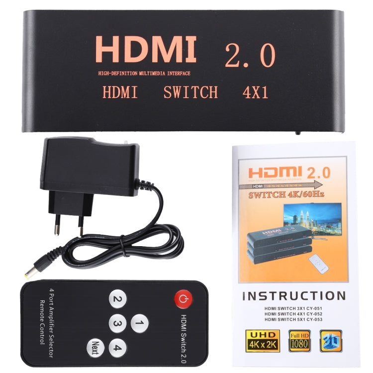 HDMI 2.0 Switch 4X1 4K@60Hz with remote control, EU plug, 4X1