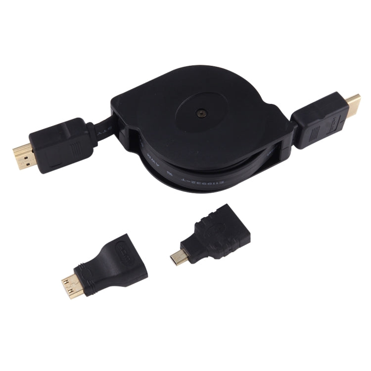 1m Retractable HDMI Male to HDMI Male Audio Video Connector Adapter Cable with Mini HDMI and Micro HDMI Adapters for HDTV Monitor and Projector and PC and Cameras and Tablets and Smartphones