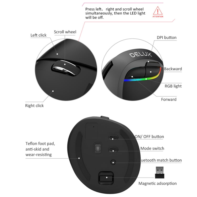 Souris verticale ergonomique DELUX M618 sans fil pour gaming