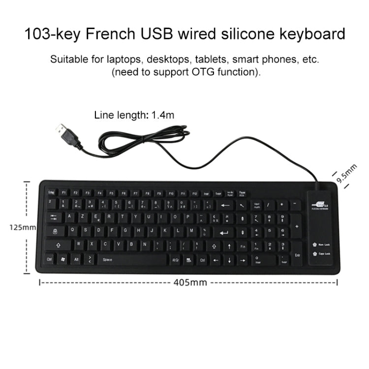 103 touches français USB filaire Silicone clavier étanche clavier d'ordinateur portable de bureau, longueur du câble: 1.5 m