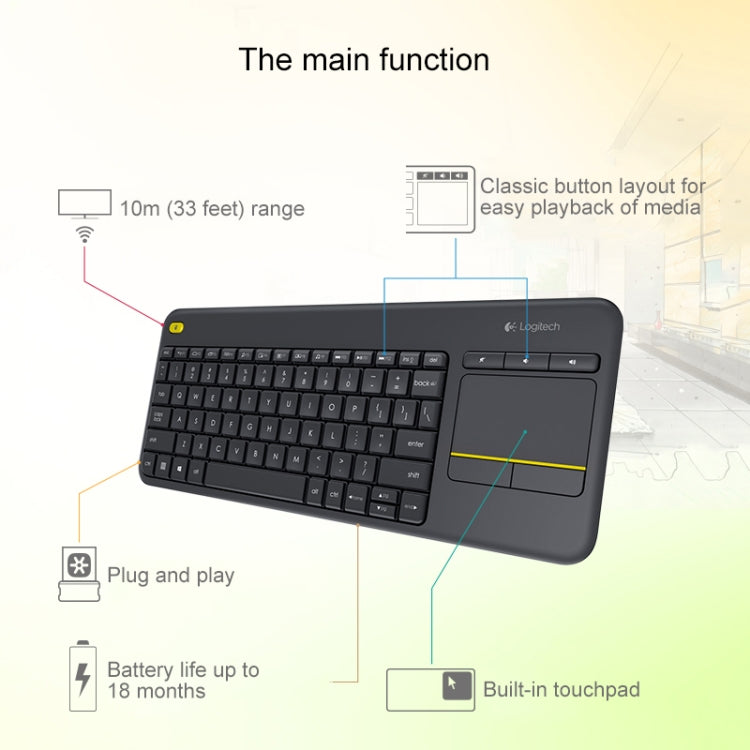 Logitech K400 Plus Wireless Touch Keyboard for PC Gaming 10m