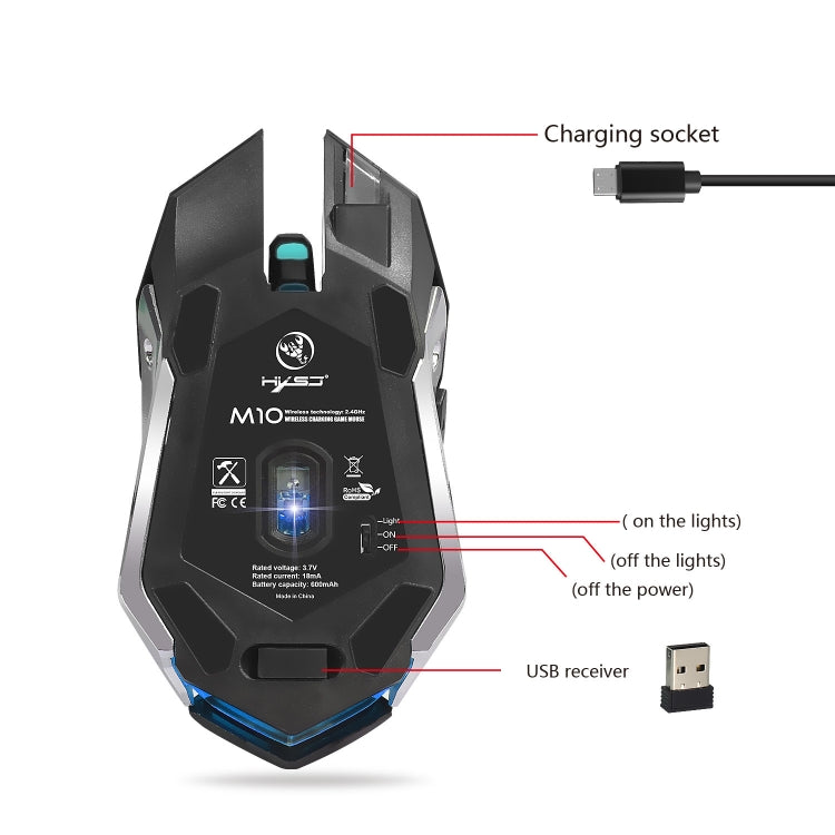 HXSJ M10 2.4GHz 6 touches USB Rechargeable éclairage coloré ergonomique 2400DPI souris de jeu optique sans fil pour ordinateurs de bureau, M10