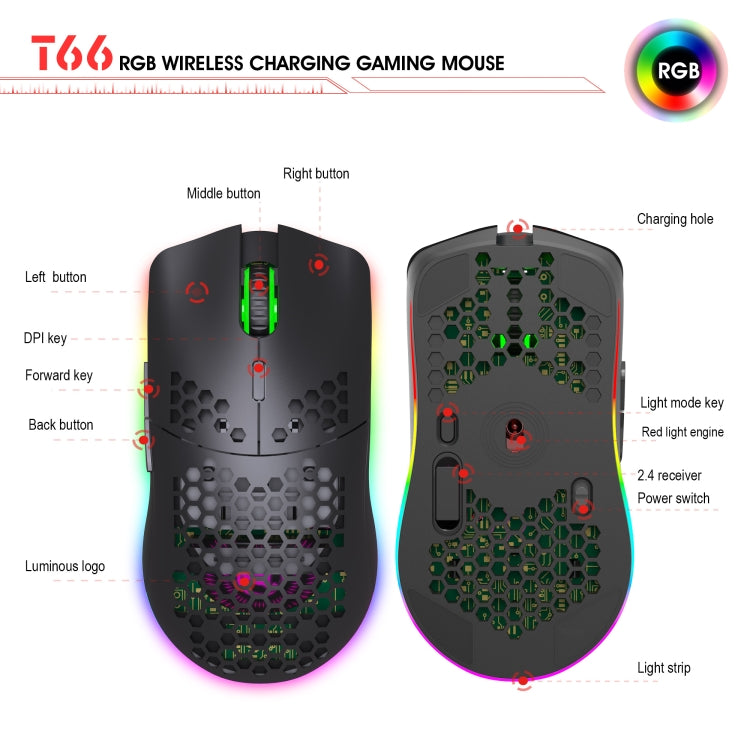 HXSJ T66 Wireless Gaming Mouse - Colorful Lighting and