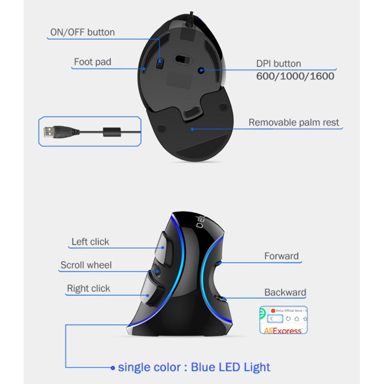 DELUX M618 Plus Wired Ergonomic Gaming Mouse 1600DPI