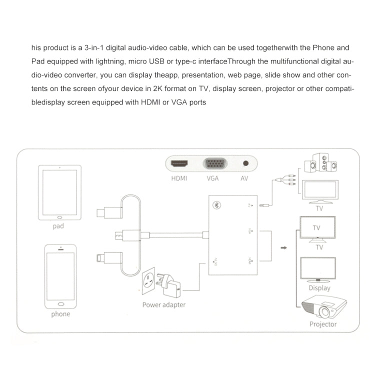 Adaptateur 3 en 1 HD pour PC : HDMI, VGA, Audio, 8 broches