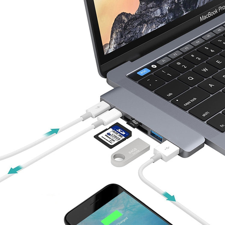 Adaptateur HUB multifonction 6 en 1 en alliage d'aluminium, taux de transfert de 5 Gbit/s, double USB-C/Type-C avec 2 ports USB 3.0 et 2 ports USB-C/Type-C et emplacement pour carte SD et emplacement pour carte TF pour Macbook 2015/2016/2017           ...