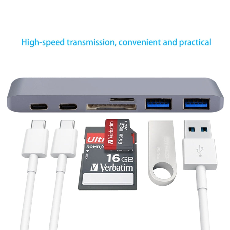 Adaptateur HUB multifonction 6 en 1 en alliage d'aluminium, taux de transfert de 5 Gbit/s, double USB-C/Type-C avec 2 ports USB 3.0 et 2 ports USB-C/Type-C et emplacement pour carte SD et emplacement pour carte TF pour Macbook 2015/2016/2017           ...