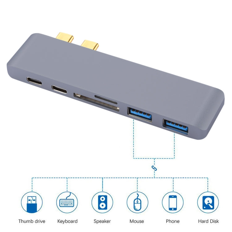 Adaptateur HUB multifonction 6 en 1 en alliage d'aluminium, taux de transfert de 5 Gbit/s, double USB-C/Type-C avec 2 ports USB 3.0 et 2 ports USB-C/Type-C et emplacement pour carte SD et emplacement pour carte TF pour Macbook 2015/2016/2017           ...