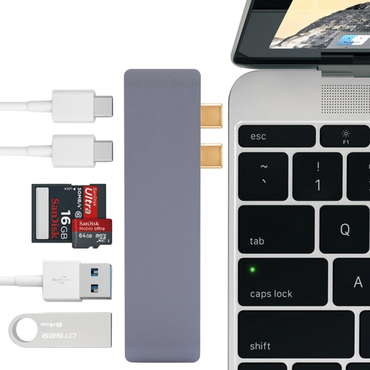 Adaptateur HUB multifonction 6 en 1 en alliage d'aluminium, taux de transfert de 5 Gbit/s, double USB-C/Type-C avec 2 ports USB 3.0 et 2 ports USB-C/Type-C et emplacement pour carte SD et emplacement pour carte TF pour Macbook 2015/2016/2017           ...