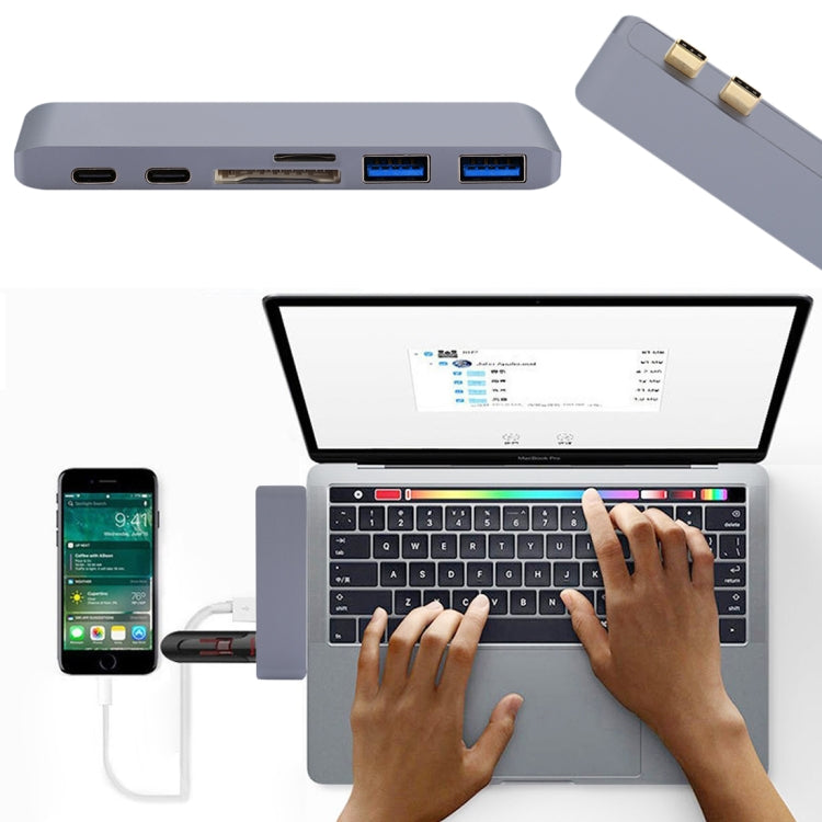 Adaptateur HUB multifonction 6 en 1 en alliage d'aluminium, taux de transfert de 5 Gbit/s, double USB-C/Type-C avec 2 ports USB 3.0 et 2 ports USB-C/Type-C et emplacement pour carte SD et emplacement pour carte TF pour Macbook 2015/2016/2017           ...