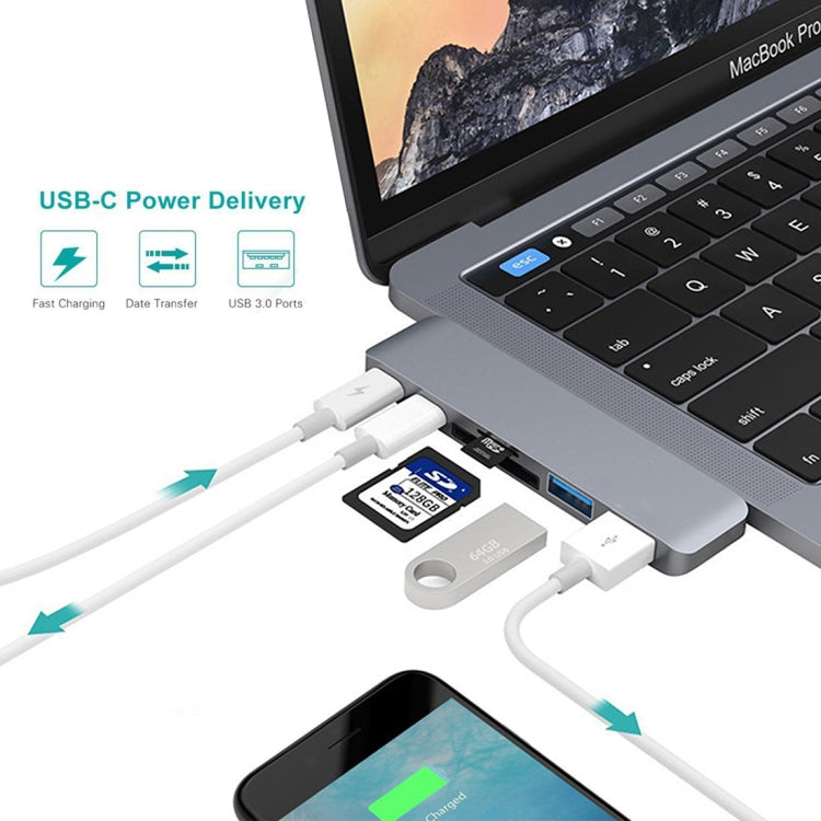 Adaptateur HUB multifonction 6 en 1 en alliage d'aluminium, taux de transfert de 5 Gbit/s, double USB-C/Type-C avec 2 ports USB 3.0 et 2 ports USB-C/Type-C et emplacement pour carte SD et emplacement pour carte TF pour Macbook 2015/2016/2017           ...
