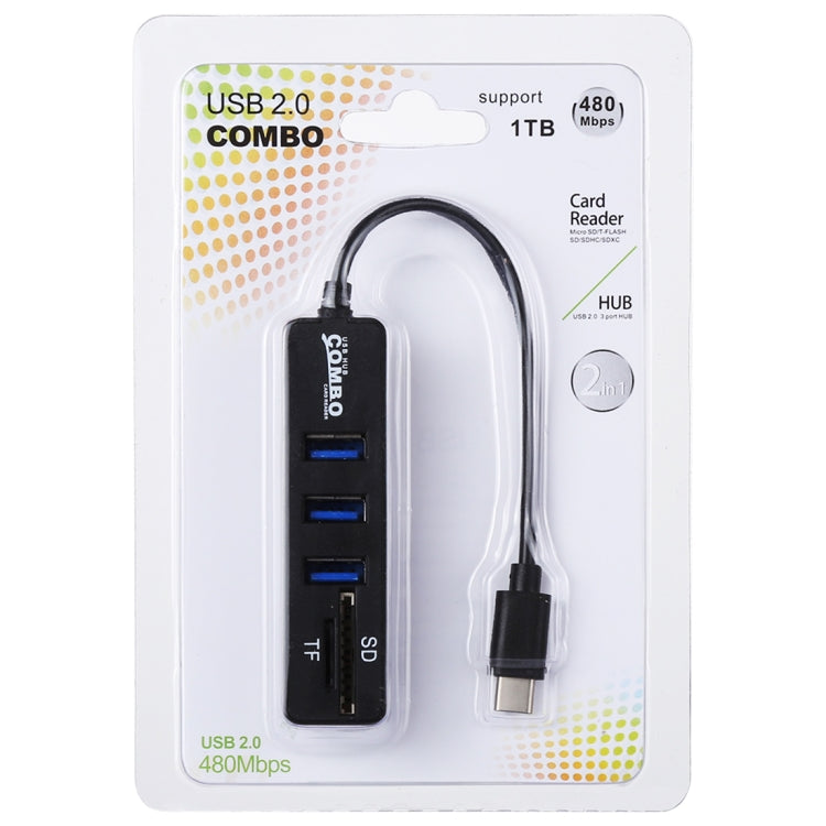 Lecteur de carte TF et SD 2 en 1 + 3 ports USB vers convertisseur HUB USB-C/Type-C, longueur totale : 24 cm., Type-C (Black), Type-C (White)