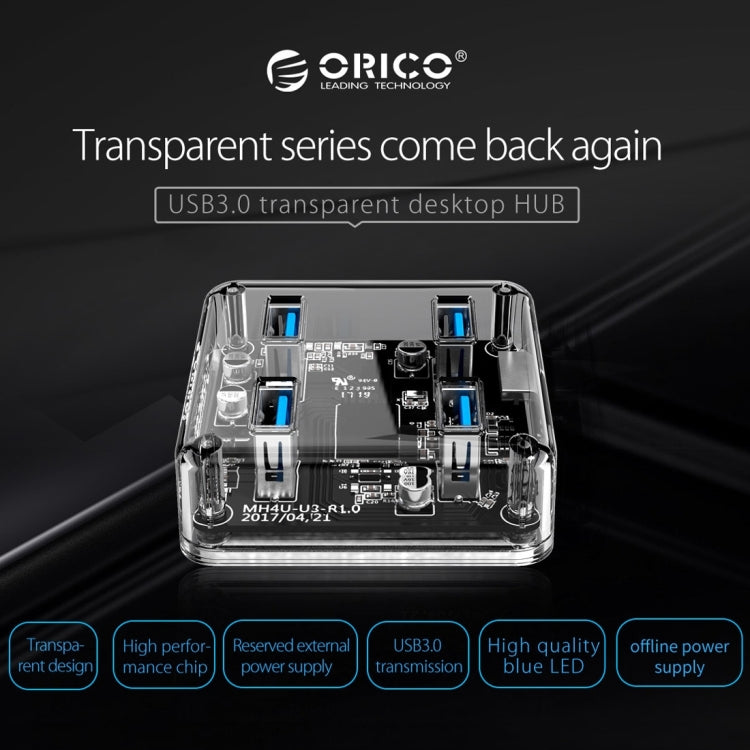ORICO MH4U-100 Transparent USB 3.0 Desktop HUB with 100cm Micro USB Cable, MH4U-100