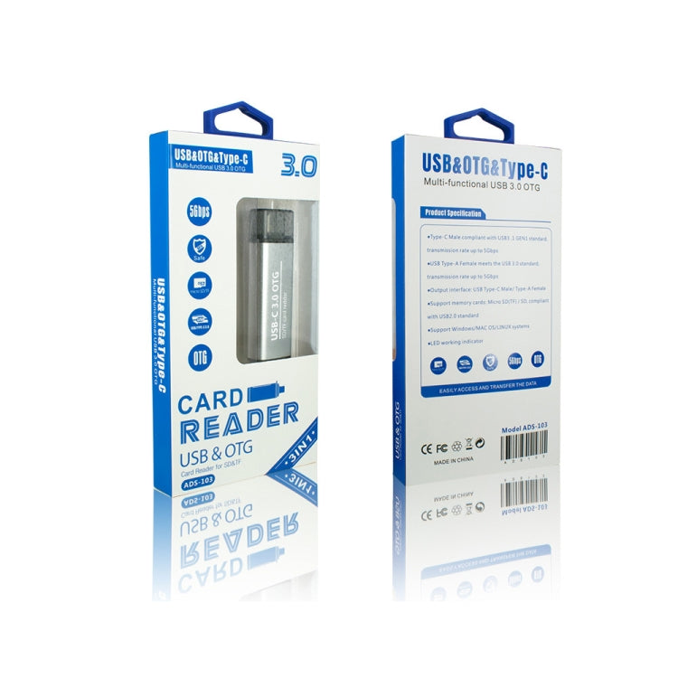 ADS-103 3-in-1 Type-C Male to USB 3.0 Female + SD/TF Card Slots OTG Adapter SD/TF Card Reader