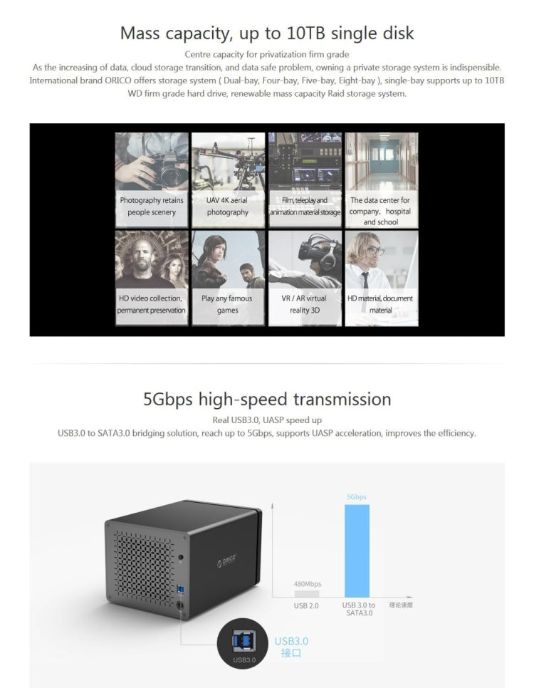 ORICO NS500-RU3 5 Bay USB 3.0 Type-B to SATA External Hard Drive Enclosure Storage Case HDD Docking Station with Raid for 3.5 inch SATA HDD, Support UASP Protocol, USB 3.0 Type-B to SATA with Raid