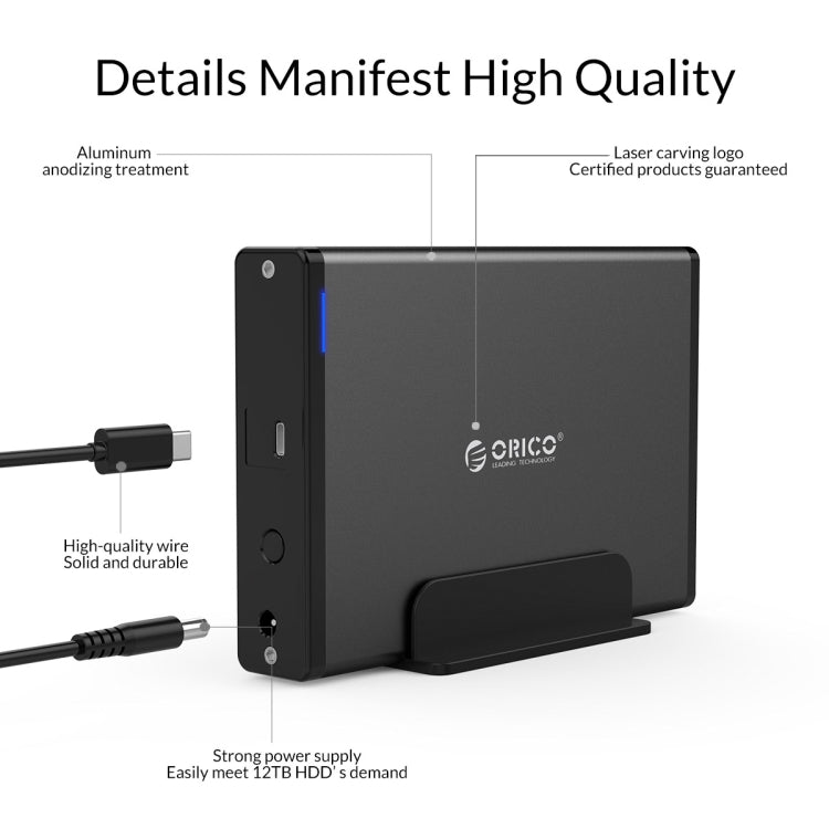 ORICO 7688C3 Boîtier de disque dur mobile USB-C / Type-C 8 To 3,5 pouces avec base amovible, longueur du câble : 1 m