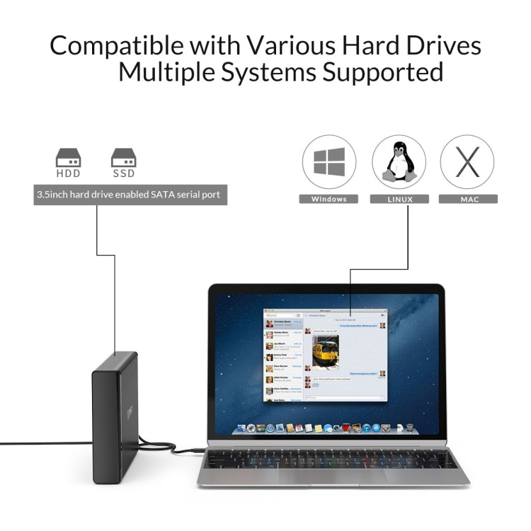 ORICO 7688C3 Boîtier de disque dur mobile USB-C / Type-C 8 To 3,5 pouces avec base amovible, longueur du câble : 1 m