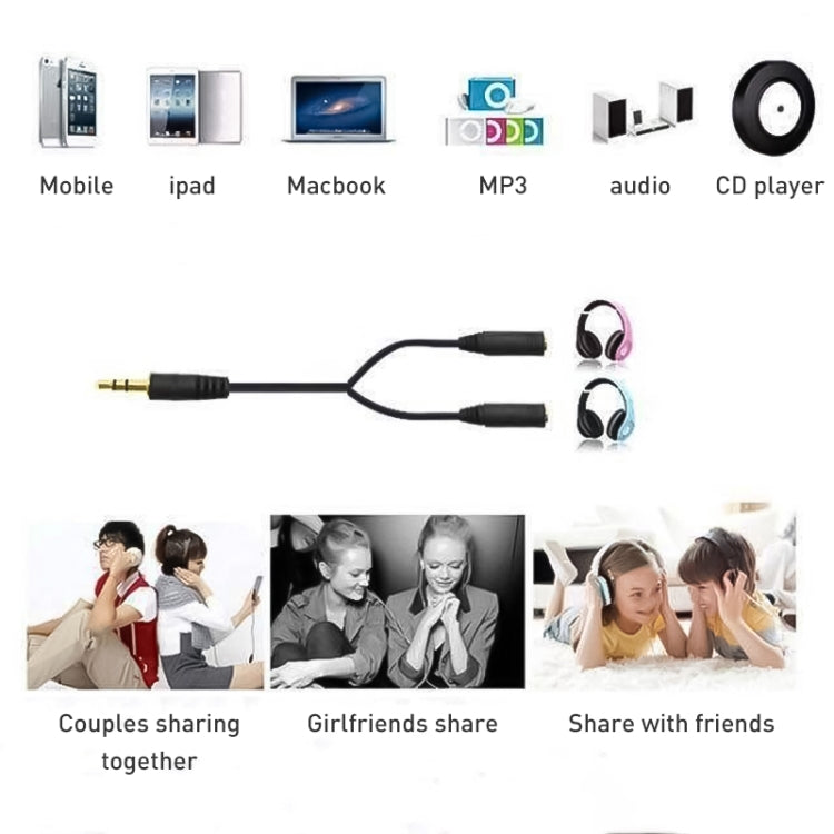 Adaptateur répartiteur d'écouteurs 3,5 mm mâle vers double 3,5 mm femelle, longueur : environ 25 cm., 3.5mm Male to 2 x 3.5mm Female