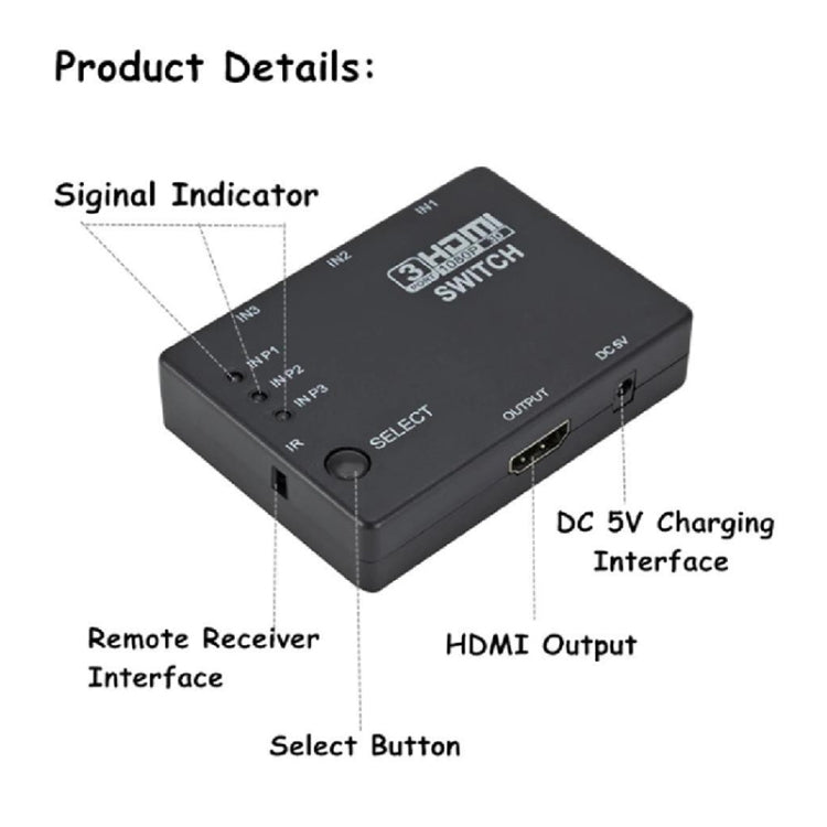 Commutateur HDMI 3x1 Full HD 1080P 3D avec télécommande IR, with IR Remote Control
