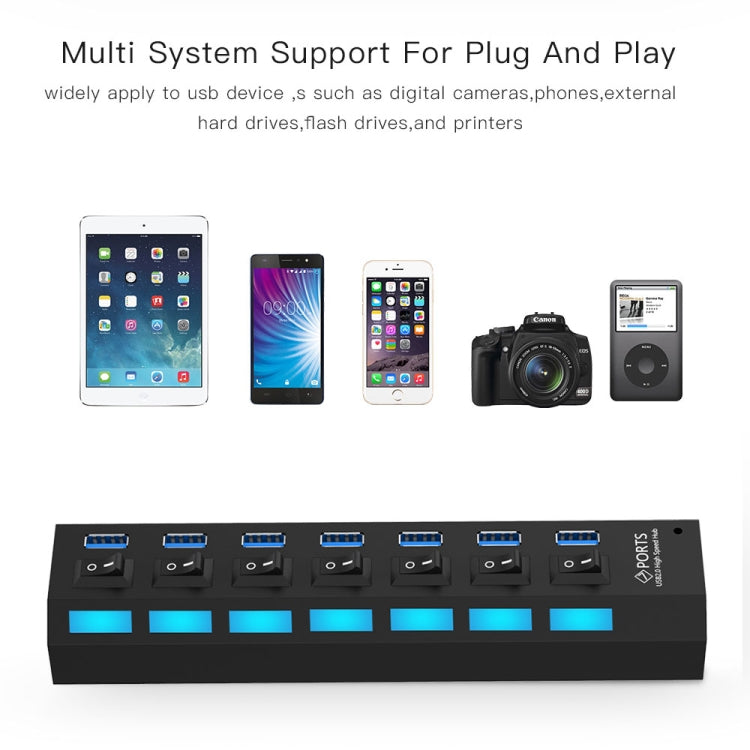 HUB USB 3.0 à 7 ports, super vitesse 5 Gbit/s, Plug and Play, prise en charge de 1 To, 7 Ports (Black), 7 Ports (White)