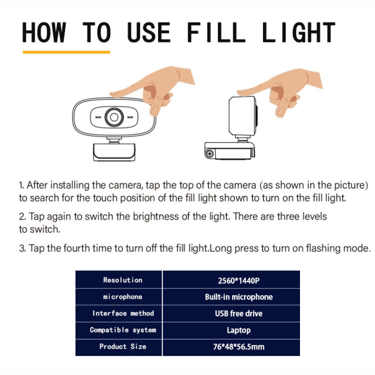 C10 2K HD sans distorsion, rotation à 360 degrés, lumière de remplissage à trois vitesses, lecteur USB gratuit, webcams, microphone intégré plus clair