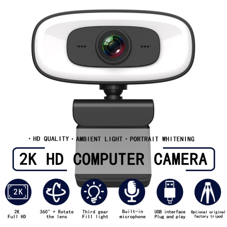 C10 2K HD sans distorsion, rotation à 360 degrés, lumière de remplissage à trois vitesses, lecteur USB gratuit, webcams, microphone intégré plus clair