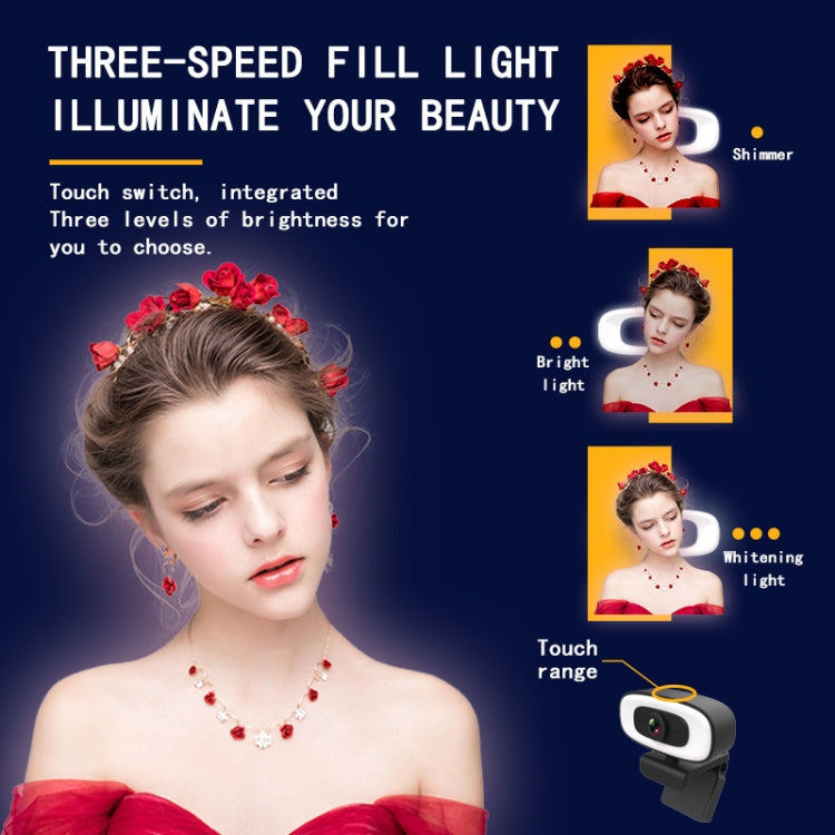 C10 2K HD sans distorsion, rotation à 360 degrés, lumière de remplissage à trois vitesses, lecteur USB gratuit, webcams, microphone intégré plus clair