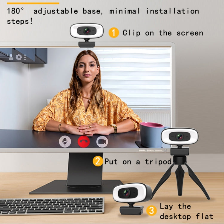 C10 2K HD sans distorsion, rotation à 360 degrés, lumière de remplissage à trois vitesses, lecteur USB gratuit, webcams, microphone intégré plus clair