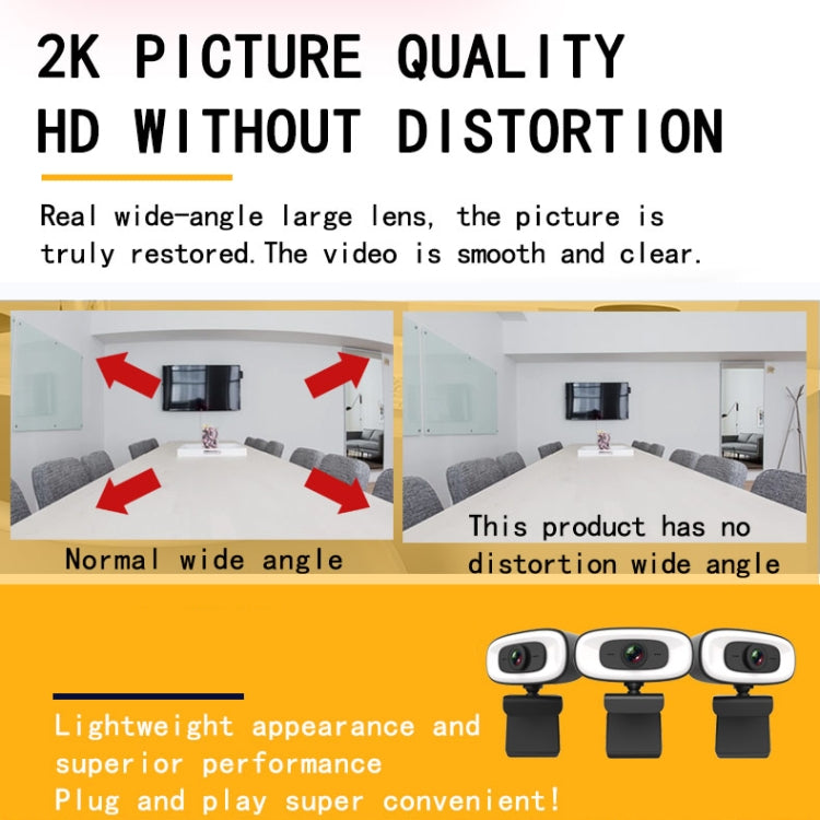 C10 2K HD sans distorsion, rotation à 360 degrés, lumière de remplissage à trois vitesses, lecteur USB gratuit, webcams, microphone intégré plus clair