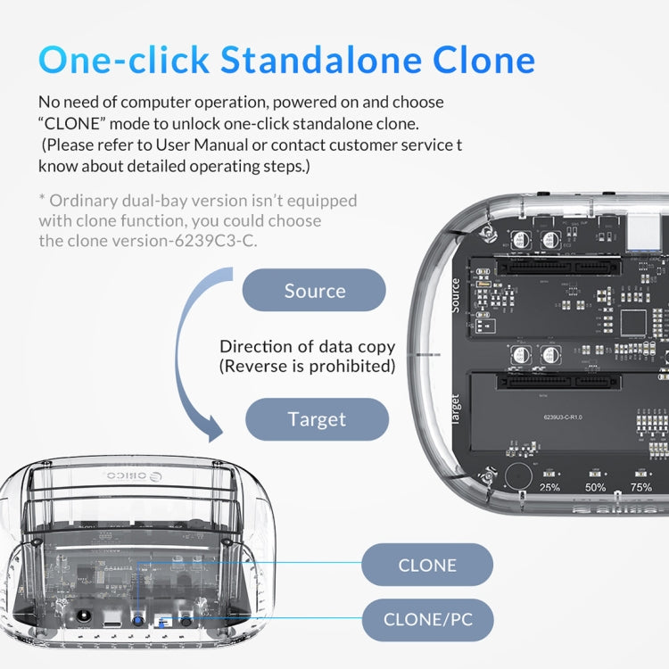 ORICO 6239C3 Transparent Type-C Dual-Bay 2.5/3.5-inch Hard Drive Docking Station