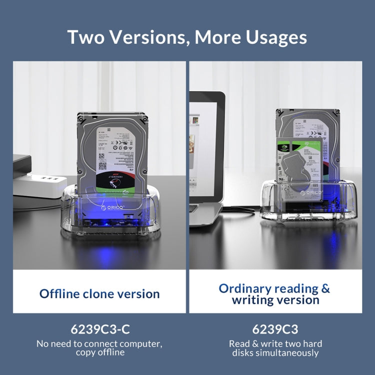 ORICO 6239C3 Transparent Type-C Dual-Bay 2.5/3.5-inch Hard Drive Docking Station